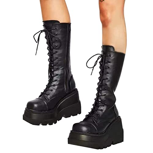 Minetom Damen Winter Gothic Punk Plateau Stiefel Goth Schnalle Zipper Wedges Mid Schuhe Plattform Biker Boots Chunky Motorrad Stiefel F Schwarz 37 EU von Minetom