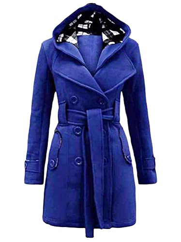 Minetom Damen Winter Mantel Lange Kapuze Zweireihige Wollmantel Revers Outwear Mit Taschen Warm Wintermantel Dicke Kapuzenjacke Lang Coat A Blau L von Minetom