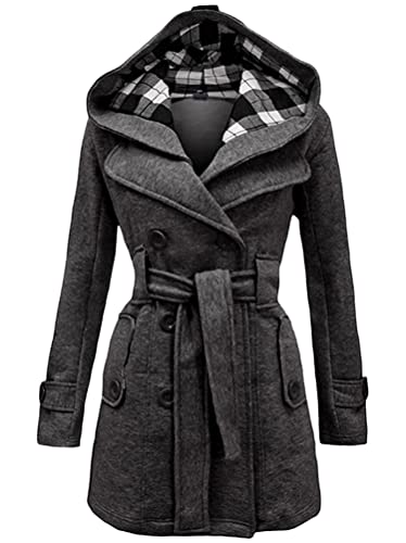 Minetom Damen Winter Mantel Lange Kapuze Zweireihige Wollmantel Revers Outwear Mit Taschen Warm Wintermantel Dicke Kapuzenjacke Lang Coat A Dunkelgrau 3XL von Minetom