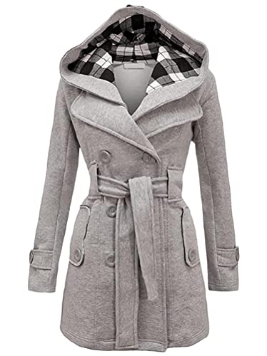 Minetom Damen Winter Mantel Lange Kapuze Zweireihige Wollmantel Revers Outwear Mit Taschen Warm Wintermantel Dicke Kapuzenjacke Lang Coat A Grau XL von Minetom