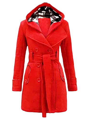 Minetom Damen Winter Mantel Lange Kapuze Zweireihige Wollmantel Revers Outwear Mit Taschen Warm Wintermantel Dicke Kapuzenjacke Lang Coat A Rot 3XL von Minetom