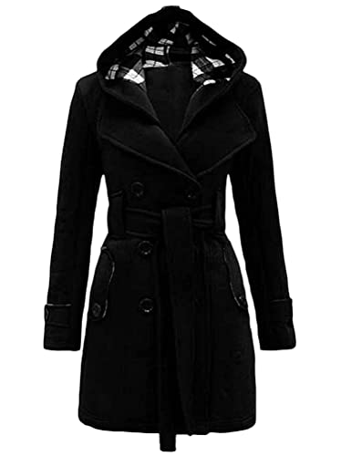 Minetom Damen Winter Mantel Lange Kapuze Zweireihige Wollmantel Revers Outwear Mit Taschen Warm Wintermantel Dicke Kapuzenjacke Lang Coat A Schwarz M von Minetom