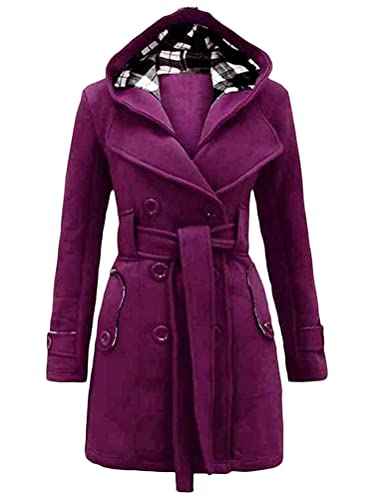 Minetom Damen Winter Mantel Lange Kapuze Zweireihige Wollmantel Revers Outwear Mit Taschen Warm Wintermantel Dicke Kapuzenjacke Lang Coat A Violett M von Minetom