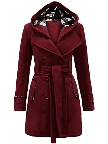 Minetom Damen Winter Mantel Lange Kapuze Zweireihige Wollmantel Revers Outwear Mit Taschen Warm Wintermantel Dicke Kapuzenjacke Lang Coat A Weinrot 3XL von Minetom