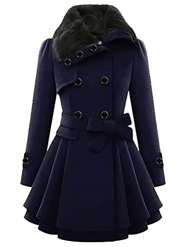 Minetom Damen Winter Mantel Lange Zweireihige Wollmantel Revers Outwear Mit Taschen Gürtel Warm Wintermantel Dicke Lang Coat B Blau XS von Minetom