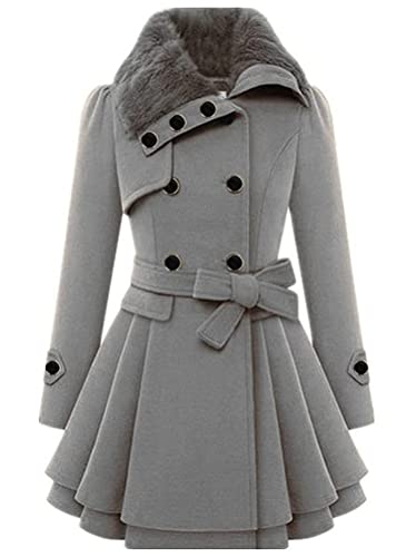 Minetom Damen Winter Mantel Lange Zweireihige Wollmantel Revers Outwear Mit Taschen Gürtel Warm Wintermantel Dicke Lang Coat B Grau XS von Minetom