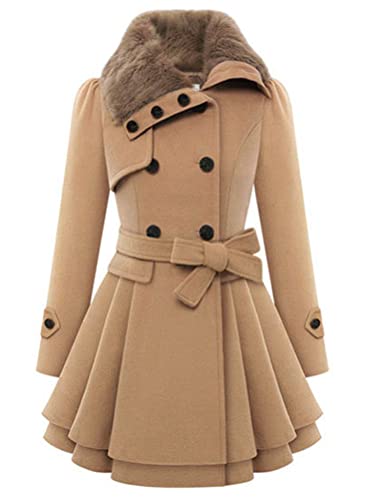 Minetom Damen Winter Mantel Lange Zweireihige Wollmantel Revers Outwear Mit Taschen Gürtel Warm Wintermantel Dicke Lang Coat B Khaki S von Minetom