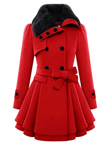 Minetom Damen Winter Mantel Lange Zweireihige Wollmantel Revers Outwear Mit Taschen Gürtel Warm Wintermantel Dicke Lang Coat B Rot XS von Minetom