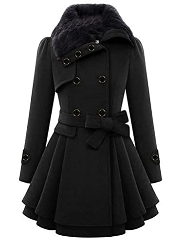 Minetom Damen Winter Mantel Lange Zweireihige Wollmantel Revers Outwear Mit Taschen Gürtel Warm Wintermantel Lang Coat B Schwarz XS von Minetom