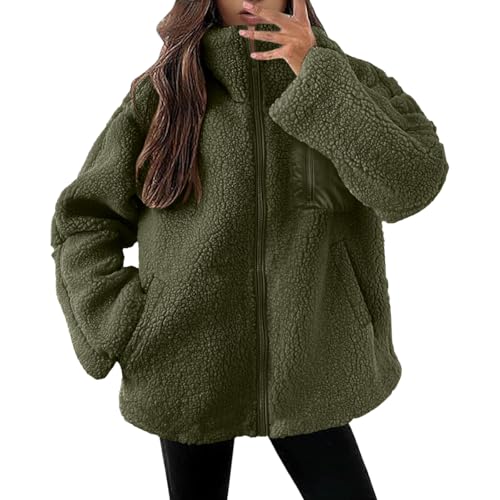 Minetom Damen Winter Stehkragen Teddyfleece Jacke Warm Mit Full Zip Taschen Sweatjacke Reißverschluss Fleecejacke Flauschig Plüschjacke Fleecemantel A Grün M von Minetom