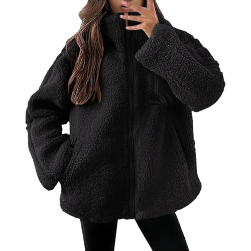 Minetom Damen Winter Stehkragen Teddyfleece Jacke Warm Mit Full Zip Taschen Sweatjacke Reißverschluss Fleecejacke Flauschig Plüschjacke Fleecemantel A Schwarz M von Minetom