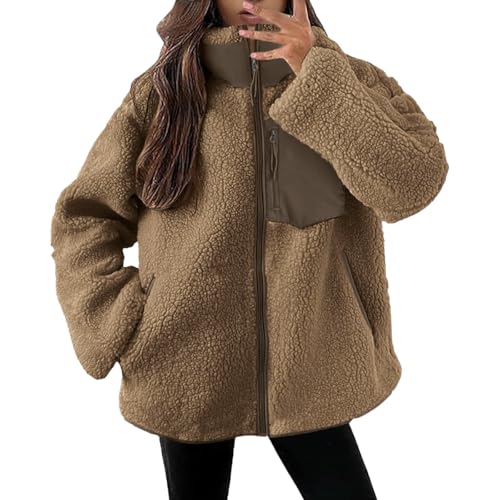Minetom Damen Winter Stehkragen Teddyfleece Jacke Warm Mit Full Zip Taschen Sweatjacke Reißverschluss Fleecejacke Flauschig Plüschjacke Fleecemantel B Braun L von Minetom
