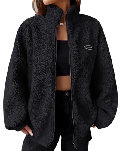 Minetom Damen Winter Stehkragen Teddyfleece Jacke Warm Mit Full Zip Taschen Sweatjacke Teddyjacke Dicke Freizeit Winterjacke Plüschjacke Mit Taschen A Schwarz 3XL von Minetom