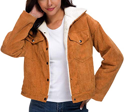 Minetom Damen Winter Vintage Plüsch Gefüttert Cordjacke Freizeit Warm Jacke Oberteile Casual Langarm Tasche Outwear Kurze Parka A Braun L von Minetom