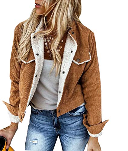 Minetom Damen Winter Vintage Plüsch Gefüttert Cordjacke Freizeit Warm Jacke Oberteile Casual Langarm Tasche Outwear Kurze Parka D Braun L von Minetom