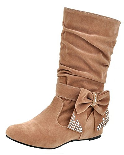 Minetom Damen Winter Warme Bowknotdekoration Stiefeletten Mit Strass Mode Schuhe Khaki 34 von Minetom