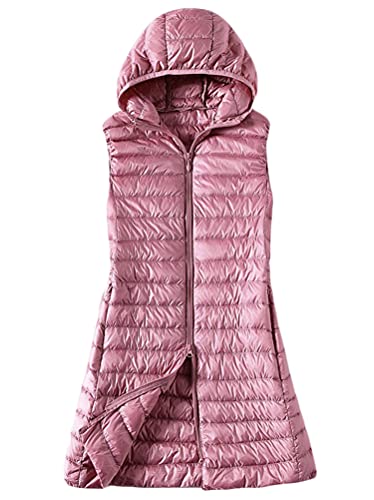 Minetom Damen Winter Weste Lang Warm Daunenmantel mit Kapuze Leicht Übergangsjacke Parka Mantel Slim Ärmellos Jacke Daunenjacke Steppweste B Rosa L von Minetom