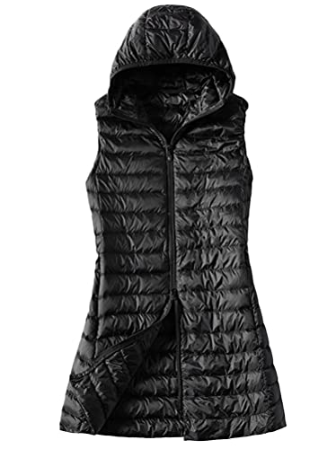 Minetom Damen Winter Weste Lang Warm Daunenmantel mit Kapuze Leicht Übergangsjacke Parka Mantel Slim Ärmellos Jacke Daunenjacke Steppweste B Schwarz XL von Minetom