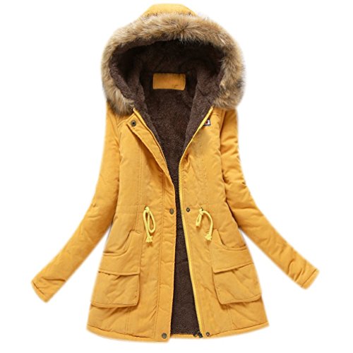 Minetom Damen Winterantel Wattierter Parka Coat mit Pelzkapuze Winterparka Warme Lang Winter Mäntel Outdoorjacke Outwear Gelb DE 40 von Minetom
