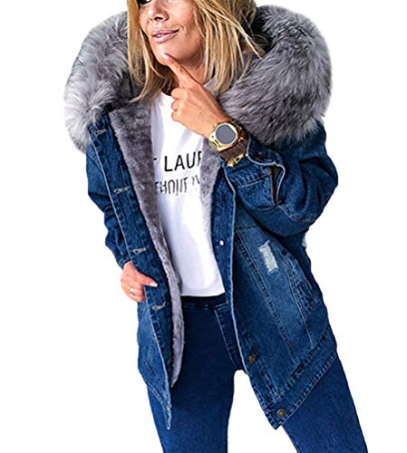 Minetom Damen Winterjacke Jeansjacke Künstliches Fellkapuze Denim Jacket Übergangsjacke Jeans Künstliche Fleece Gefüttert Mantel Kapuzenjacke Outwear (M, A Dunkelblau) von Minetom