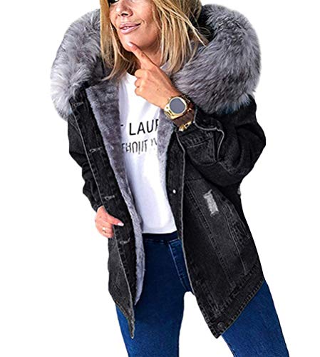 Minetom Damen Winterjacke Jeansjacke Künstliches Fellkapuze Denim Jacket Übergangsjacke Jeans Künstliche Fleece Gefüttert Mantel Kapuzenjacke Outwear (XS, A Schwarz) von Minetom