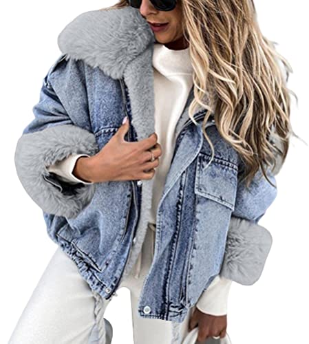 Minetom Damen Winterjacke Jeansjacke Künstliches Fellkapuze Denim Jacket Übergangsjacke Jeans Künstliche Fleece Gefüttert Mantel Kapuzenjacke Outwear F Blau L von Minetom