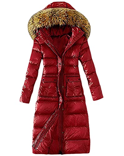 Minetom Damen Winterjacke Lange Daunenjacke Warm Parka Jacke Mit Künstlich Fellkapuze Steppjacke Wintermantel Daunenmantel D Rot 38 von Minetom