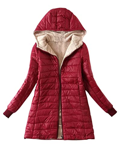 Minetom Damen Winterjacke Mantel mit Kapuze Reißverschluss Langarm Warm Gefüttert Fleece Parka Jacke Wintermantel Steppjacke Steppmantel Plüschjacke Rot L von Minetom