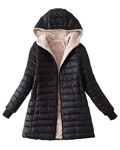 Minetom Damen Winterjacke Mantel mit Kapuze Reißverschluss Langarm Warm Gefüttert Fleece Parka Jacke Wintermantel Steppjacke Steppmantel Plüschjacke Schwarz L von Minetom