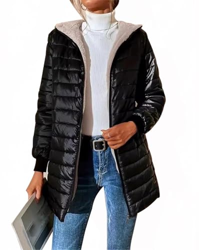 Minetom Damen Winterjacke Mantel mit Kapuze Reißverschluss Langarm Warm Gefüttert Fleece Parka Jacke Wintermantel Steppjacke Steppmantel Plüschjacke Schwarz L von Minetom