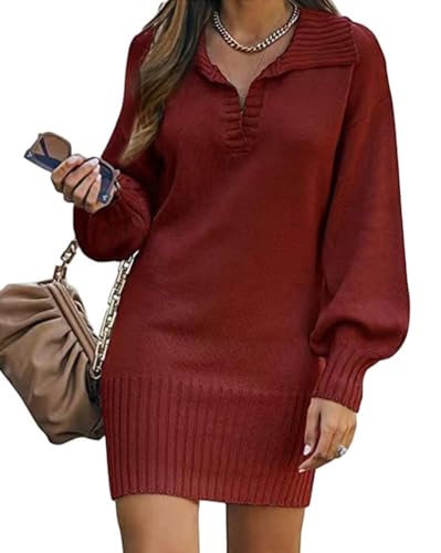 Minetom Damen Winterkleid V-Ausschnitt Langarm Festlich Kleid Winter Warm Strickkleid Pulloverkleid Kurz Minikleid Wickelkleid Strickkleider Geripptes Kleid A Rot M von Minetom