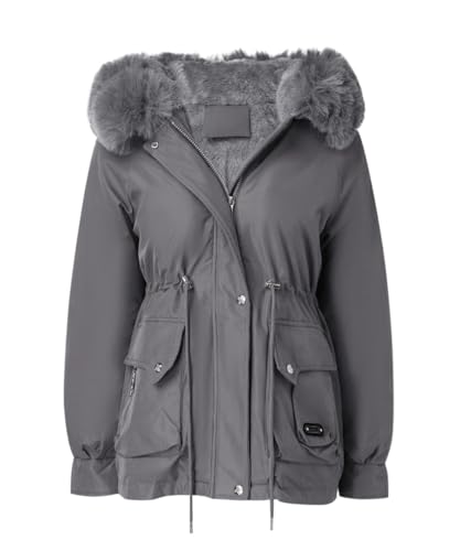 Minetom Damen Wintermantel Parka Fleece Gefüttert Warm Mit Fellkapuze Winterjacke Mit Reißverschluss Knopfverschluss Outdoorjacke Mantel Coat A Grau XXL von Minetom
