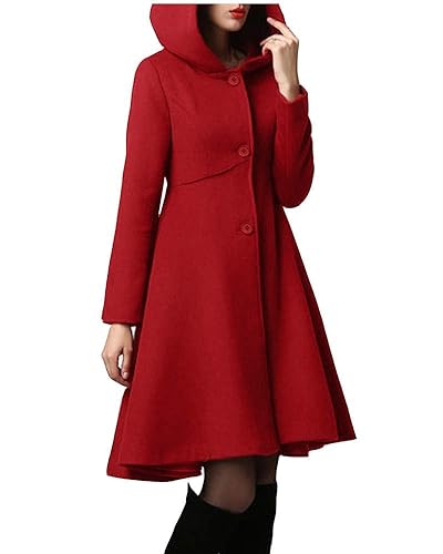 Minetom Damen Wintermantel Warm Mantel Mit Kapuze Taschen Langarm Mantel Ausgestellter Mantel Kleider Winterjacke Outwear Trenchcoat A Rot XS von Minetom