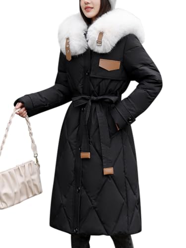 Minetom Damen Wintermantel Warmer Steppmantel Lang Mit Fleece Kapuze Daunenmantel Gefüttert Parka Jacke Dicke Winterjacke C Schwarz M von Minetom