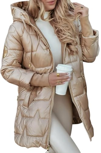 Minetom Damen Wintermantel Warmer Steppmantel Lang Mit Kapuze Parka Winterjack Metallglanz Steppmantel Outdoorjacke Kapuzenmantel A Gold M von Minetom