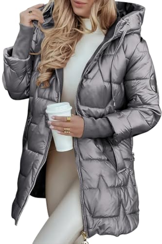 Minetom Damen Wintermantel Warmer Steppmantel Lang Mit Kapuze Parka Winterjack Metallglanz Steppmantel Outdoorjacke Kapuzenmantel A Grau L von Minetom