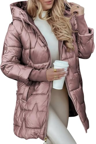 Minetom Damen Wintermantel Warmer Steppmantel Lang Mit Kapuze Parka Winterjack Metallglanz Steppmantel Outdoorjacke Kapuzenmantel A Rosa S von Minetom