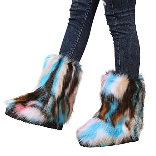 Minetom Damen Winterstiefel Warme Und Dicke Flauschige Fellstiefel Vintage Stiefeletten Kunstfell Knöchel Stiefel Freizeit Kurzschaft Schlupfstiefel Lockere Schneestiefel A Blau 37 EU von Minetom