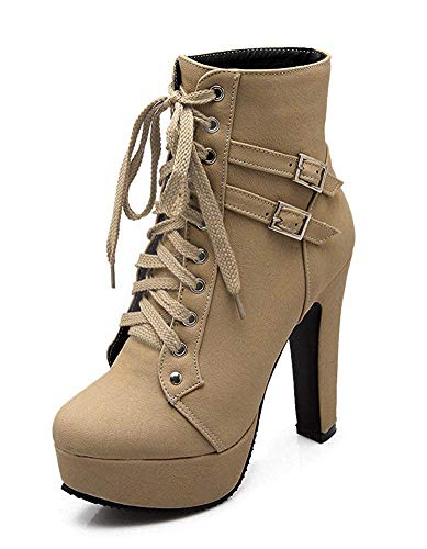 Minetom Damen Worker Boots Einfarbige Schnürsenkel Hohe Absätzen Stiefeletten mit Schnalle Blockabsatz Schuhe Outdoor Stiefel Z Schwarz 34 EU von Minetom