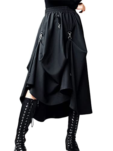 Minetom Damen Y2K Faltenrock A-Linie Hohe Taille Röcke Gothic Punk Maxi Schwarz Rock Mit Kettenriemen Hosenträgerrock Streetwear A Schwarz M von Minetom