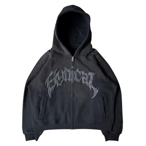 Minetom Damen Y2K Hoodie Gothic Punk Drucken Zip Up Kapuzenpullover Jacke Mit Taschen Vintage Langarm Sweatshirt Mit Kapuze Streetwear B Schwarz M von Minetom