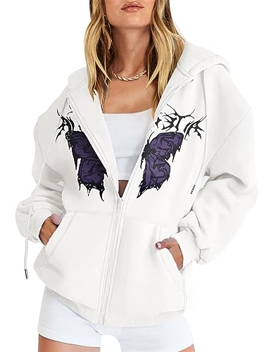Minetom Damen Y2K Kapuzenjacke Schmetterling Druckt Kapuzenpullover Vintage Oversize Sweatjacke Sweatshirt College Jacke Übergangsjacke Zip Hoodie Hoody Mit Kapuze A Weiß S von Minetom