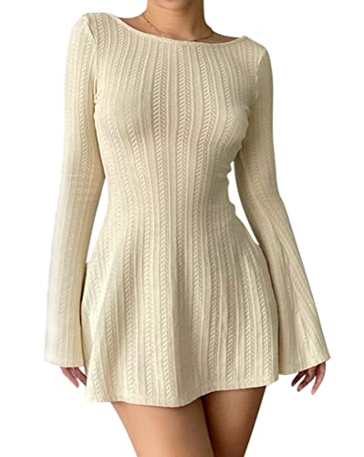 Minetom Damen Y2K Strickkleid Pulloverkleid Tunika Kleid V-Ausschnitt Langarm Minikleid Lang Pullover E-Girl 90S Teenager Streetwear A Beige S von Minetom