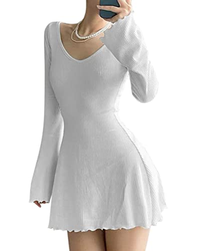 Minetom Damen Y2K Strickkleid Pulloverkleid Tunika Kleid V-Ausschnitt Langarm Minikleid Lang Pullover E-Girl 90S Teenager Streetwear B Weiß S von Minetom