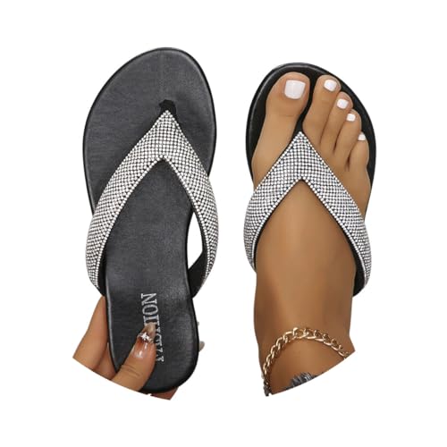 Minetom Damen Zehentrenner Flip Flops Mit Glitter Sommer Sandalen Flach Strasssteine Sandaletten Pool Meer Strand Outdoor Badelatschen A Schwarz 36 EU von Minetom
