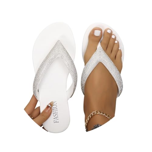 Minetom Damen Zehentrenner Flip Flops Mit Glitter Sommer Sandalen Flach Strasssteine Sandaletten Pool Meer Strand Outdoor Badelatschen A Weiß 38 EU von Minetom