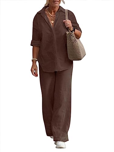Minetom Damen Zweiteiler Set Hosenanzug Langarm Revers Bluse + Weites Bein Hose Sommer Herbst Outfit Casual Loungewear Streetwear A Braun M von Minetom