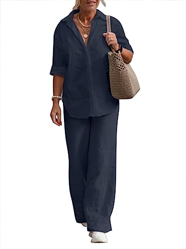 Minetom Damen Zweiteiler Set Hosenanzug Langarm Revers Bluse + Weites Bein Hose Sommer Herbst Outfit Casual Loungewear Streetwear A Marine M von Minetom
