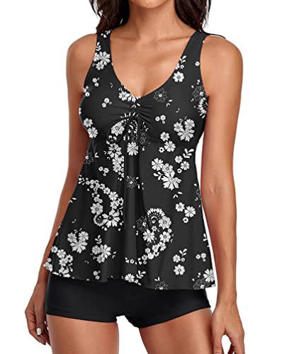 Minetom Damen Zweiteiler Tankini Set Badeanzug Sommer Retro Blumendruck Strandmode Damen Tankini Sets Zweiteilig Bademode Tank Top und Short K Weiß XXL von Minetom