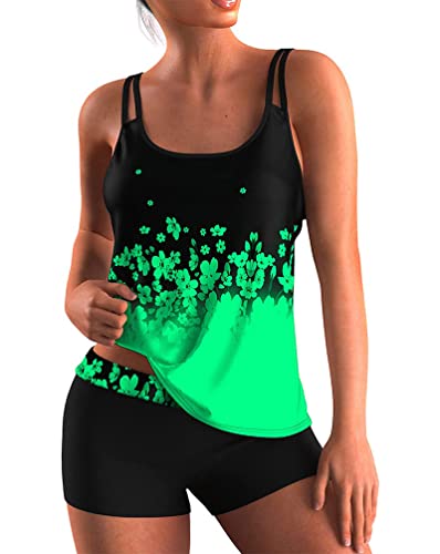 Minetom Damen Zweiteiler Tankini Set Tank Top mit Hotpants Badebekleidung Sommer Retro Blumendruck Strand Schwimmanzug Swimsuits Bikini F Grün XL von Minetom